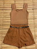 kit  Feminino 4 itens: 2 Croppeds Canelados + Cinto+ Short em Alfaiataria Com  Bolsos