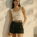 kit  Feminino 4 itens: 2 Croppeds Canelados + Cinto+ Short em Alfaiataria Com  Bolsos