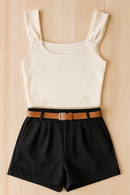 kit  Feminino 4 itens: 2 Croppeds Canelados + Cinto+ Short em Alfaiataria Com  Bolsos